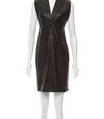 Women’s genuine lambskin leather sleeveless v-neck button front dress