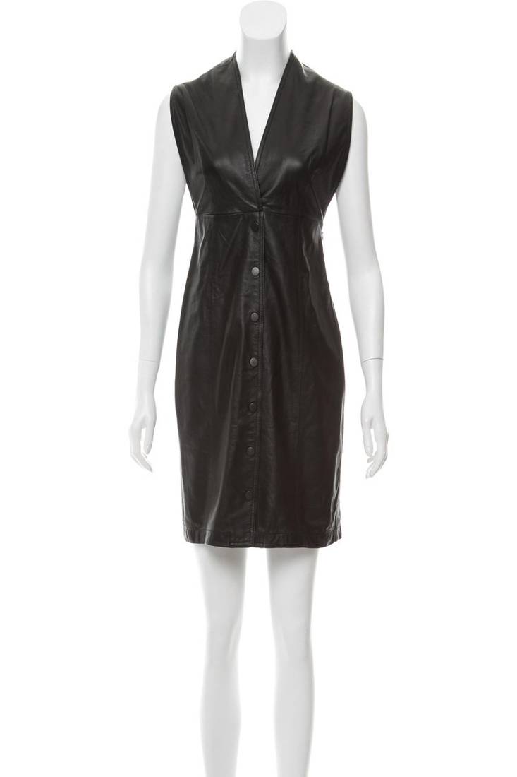 Women’s genuine lambskin leather sleeveless v-neck button front dress
