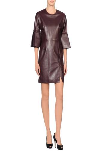 Women’s burgundy lambskin leather shift dress with bell sleeves