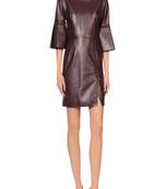Women’s burgundy lambskin leather shift dress with bell sleeves