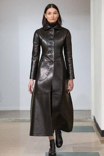 women’s genuine lambskin leather long dress with button closure