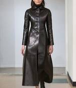 women’s genuine lambskin leather long dress with button closure