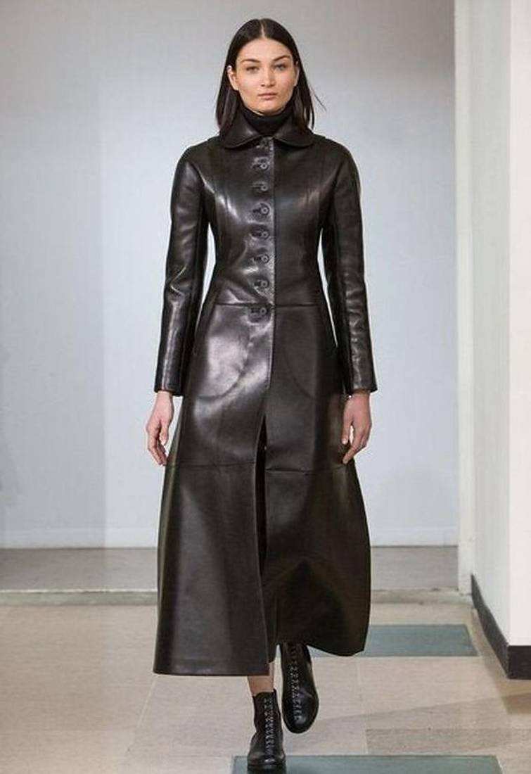 women’s genuine lambskin leather long dress with button closure