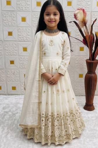 heavy vichitra silk embrodairy seqence  work white readymade ethnic gown