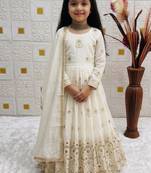 heavy vichitra silk embrodairy seqence  work white readymade ethnic gown