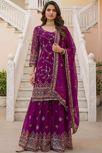 Fantastic Purple Zari Work Georgette Wedding Wear Sharara Suit