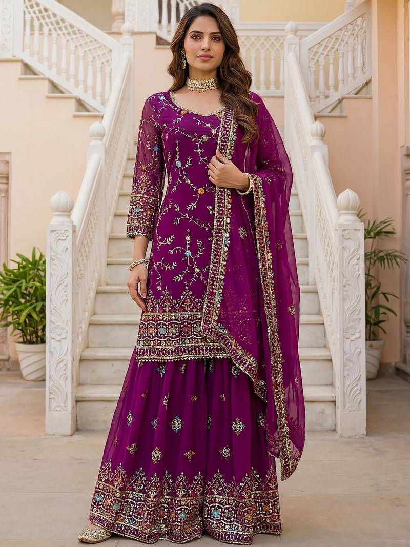 Fantastic Purple Zari Work Georgette Wedding Wear Sharara Suit