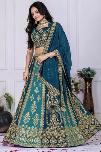 Peacock Blue color Plain with crease work Fox Georgette Lehanga Choli Set