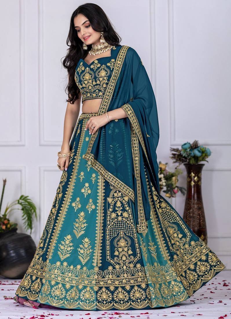 Peacock Blue color Plain with crease work Fox Georgette Lehanga Choli Set