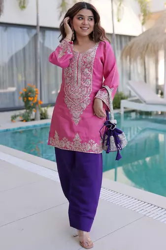 Alluring Pink Zari Work Viscose Traditional Salwar Kameez