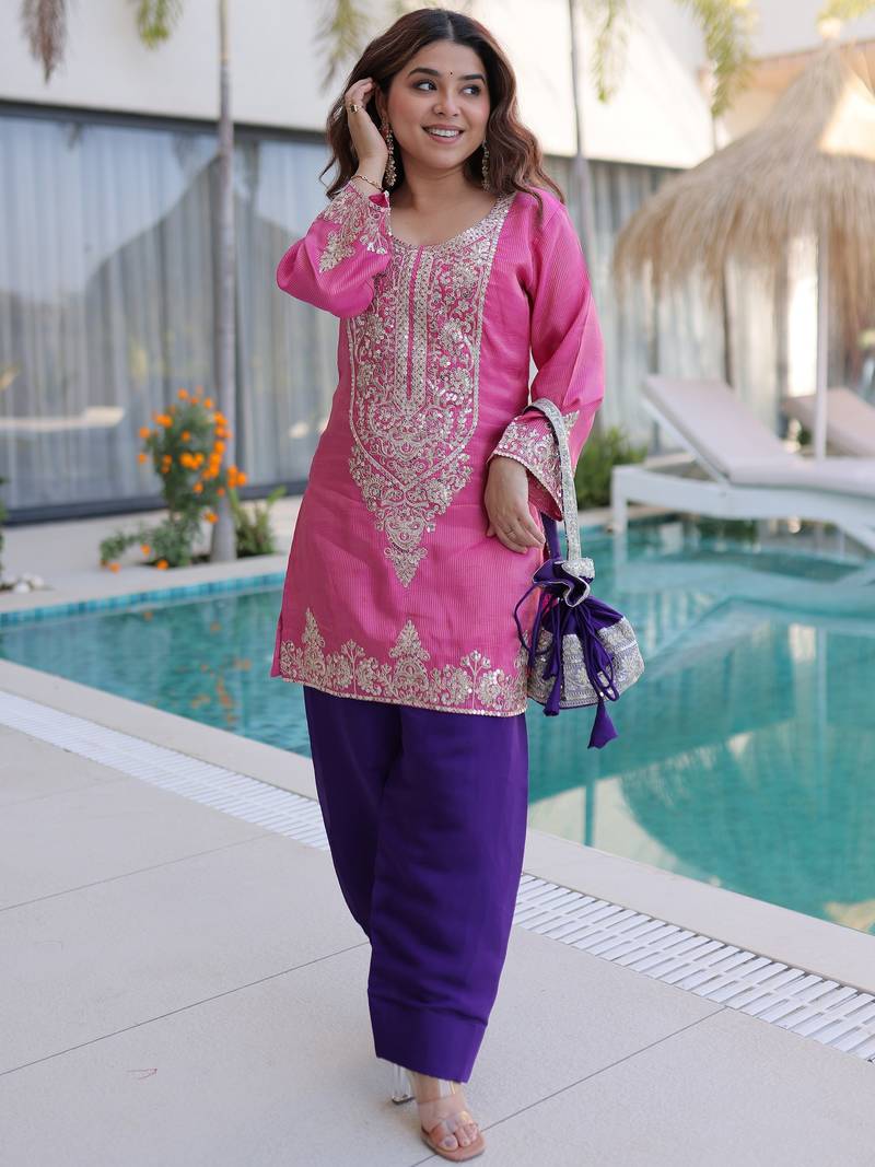 Alluring Pink Zari Work Viscose Traditional Salwar Kameez