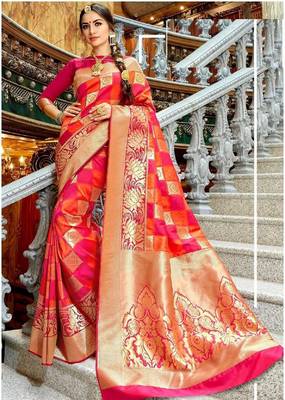Pink silk blend banarasi saree with unstitched blouse piece 1