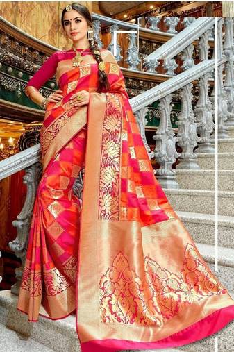 Pink soft silk blend banarasi jacuard work designer party wear saree with unstitched blouse piece
