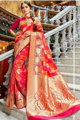 Pink soft silk blend banarasi jacuard work designer party wear saree with unstitched blouse piece