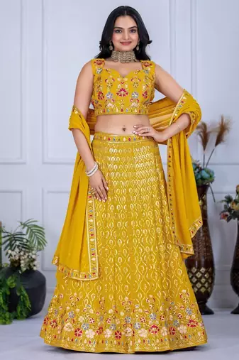Yellow color Embroidery With Multi Thread & Sequence Work  Fox Georgette Lehanaga Choli Set