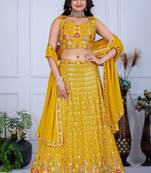 Yellow color Embroidery With Multi Thread & Sequence Work  Fox Georgette Lehanaga Choli Set
