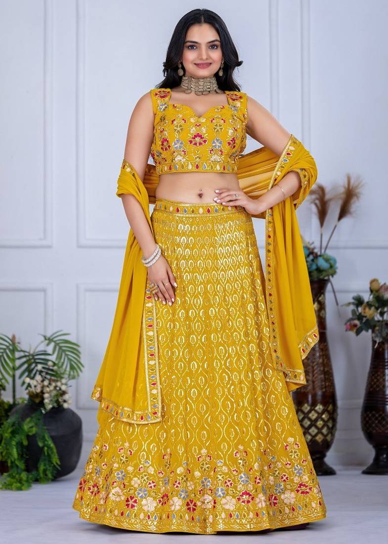 Yellow color Embroidery With Multi Thread & Sequence Work  Fox Georgette Lehanaga Choli Set
