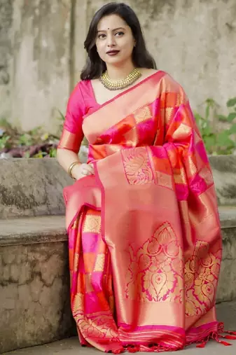 Pink soft silk blend banarasi jacuard work designer party wear saree with unstitched blouse piece