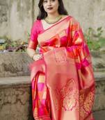 Pink silk blend banarasi saree with unstitched blouse piece