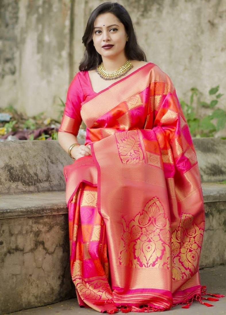 Pink soft silk blend banarasi jacuard work designer party wear saree with unstitched blouse piece