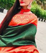 Green red silk blend banarasi saree with unstitched blouse piece