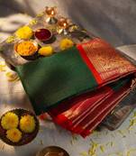 Green red silk blend banarasi saree with unstitched blouse piece