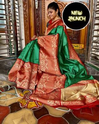 Green red silk blend banarasi saree with unstitched blouse piece 2