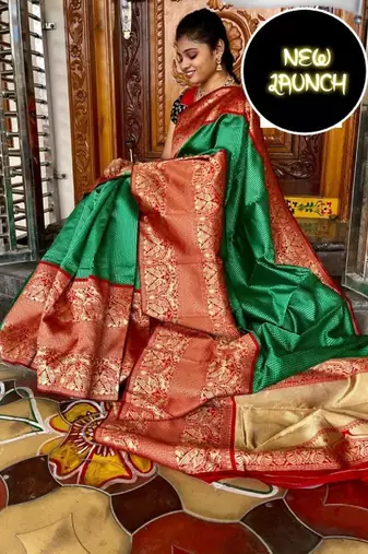 Green red silk blend banarasi saree with unstitched blouse piece