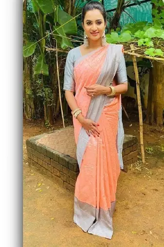 Peach grey soft silk blend banarasi jacuard work designer party wear saree with unstitched blouse piece