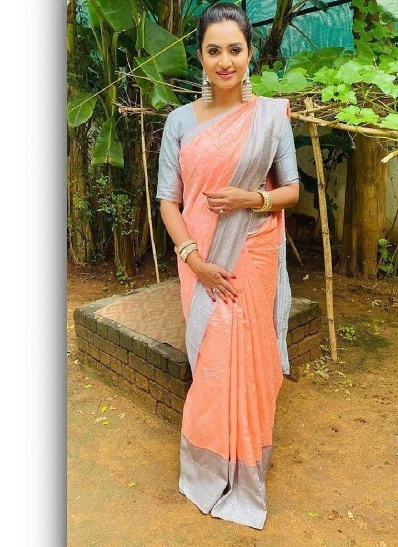 Peach grey soft silk blend banarasi jacuard work designer party wear saree with unstitched blouse piece