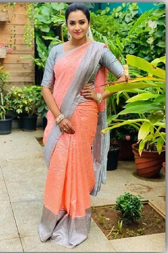 Peach grey silk blend banarasi saree with unstitched blouse piece