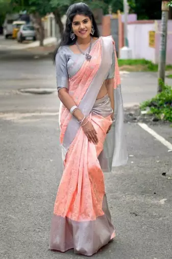 Peach grey soft silk blend banarasi jacuard work designer party wear saree with unstitched blouse piece