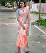 Peach grey silk blend banarasi saree with unstitched blouse piece
