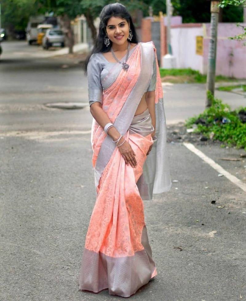 Peach grey soft silk blend banarasi jacuard work designer party wear saree with unstitched blouse piece