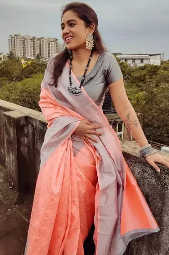 Peach grey silk blend banarasi saree with unstitched blouse piece