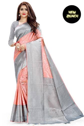 Peach grey soft silk blend banarasi jacuard work designer party wear saree with unstitched blouse piece