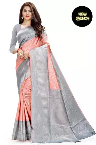 Peach grey soft silk blend banarasi jacuard work designer party wear saree with unstitched blouse piece