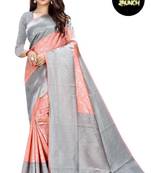 Peach grey silk blend banarasi saree with unstitched blouse piece