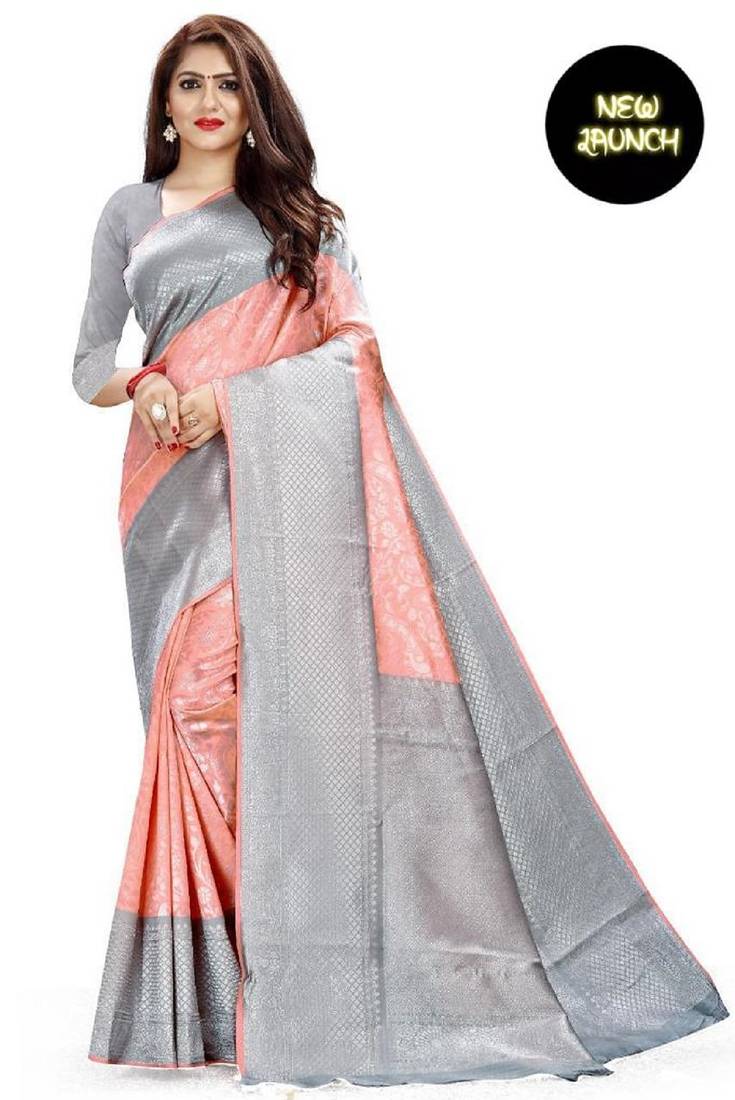 Peach grey soft silk blend banarasi jacuard work designer party wear saree with unstitched blouse piece