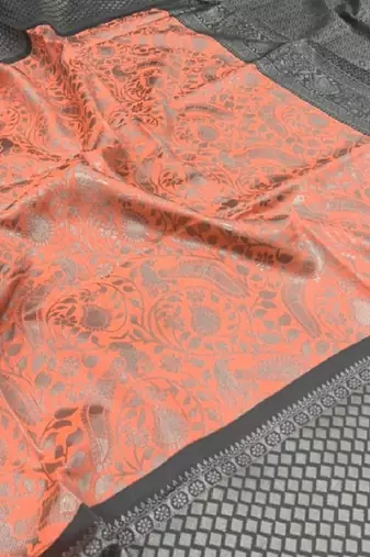 Peach grey silk blend banarasi saree with unstitched blouse piece