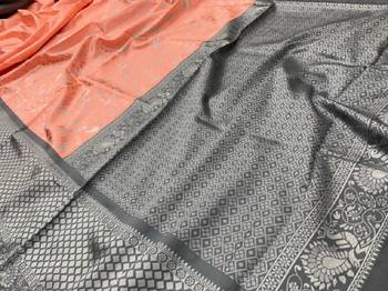 Peach grey silk blend banarasi saree with unstitched blouse piece 3