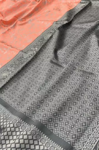 Peach grey silk blend banarasi saree with unstitched blouse piece