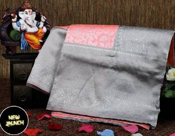 Peach grey silk blend banarasi saree with unstitched blouse piece 4