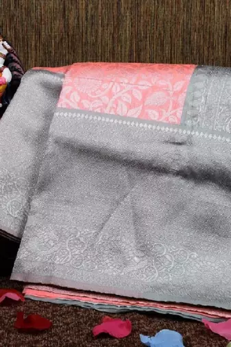 Peach grey silk blend banarasi saree with unstitched blouse piece
