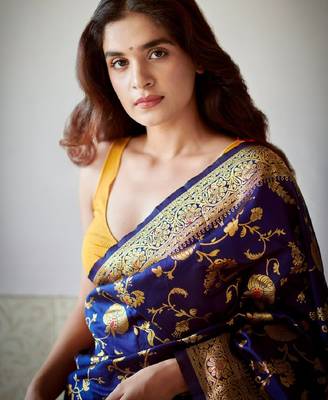 Blue silk blend banarasi saree with unstitched blouse piece 1