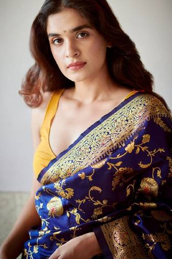 Blue soft silk blend banarasi jacuard work designer party wear saree with unstitched blouse piece