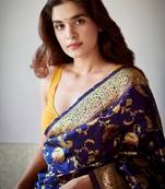 Blue silk blend banarasi saree with unstitched blouse piece