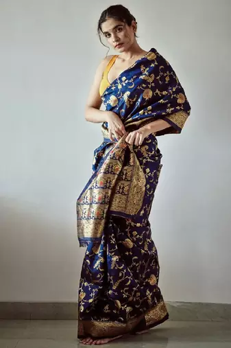 Blue silk blend banarasi saree with unstitched blouse piece
