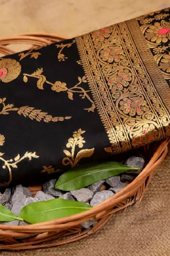 Black soft silk blend banarasi jacuard work designer party wear saree with unstitched blouse piece