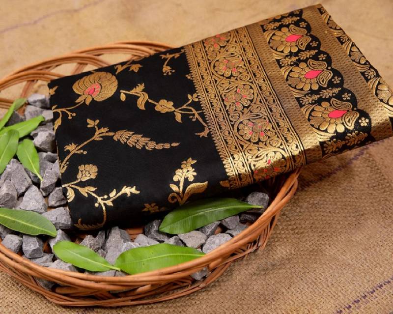 Black soft silk blend banarasi jacuard work designer party wear saree with unstitched blouse piece